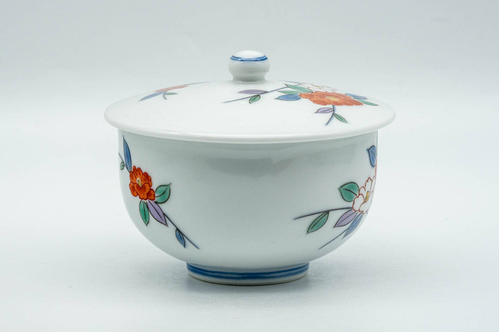 Japanese Teacup - Colourful Floral White Porcelain Arita-yaki Lidded Yunomi - 130ml