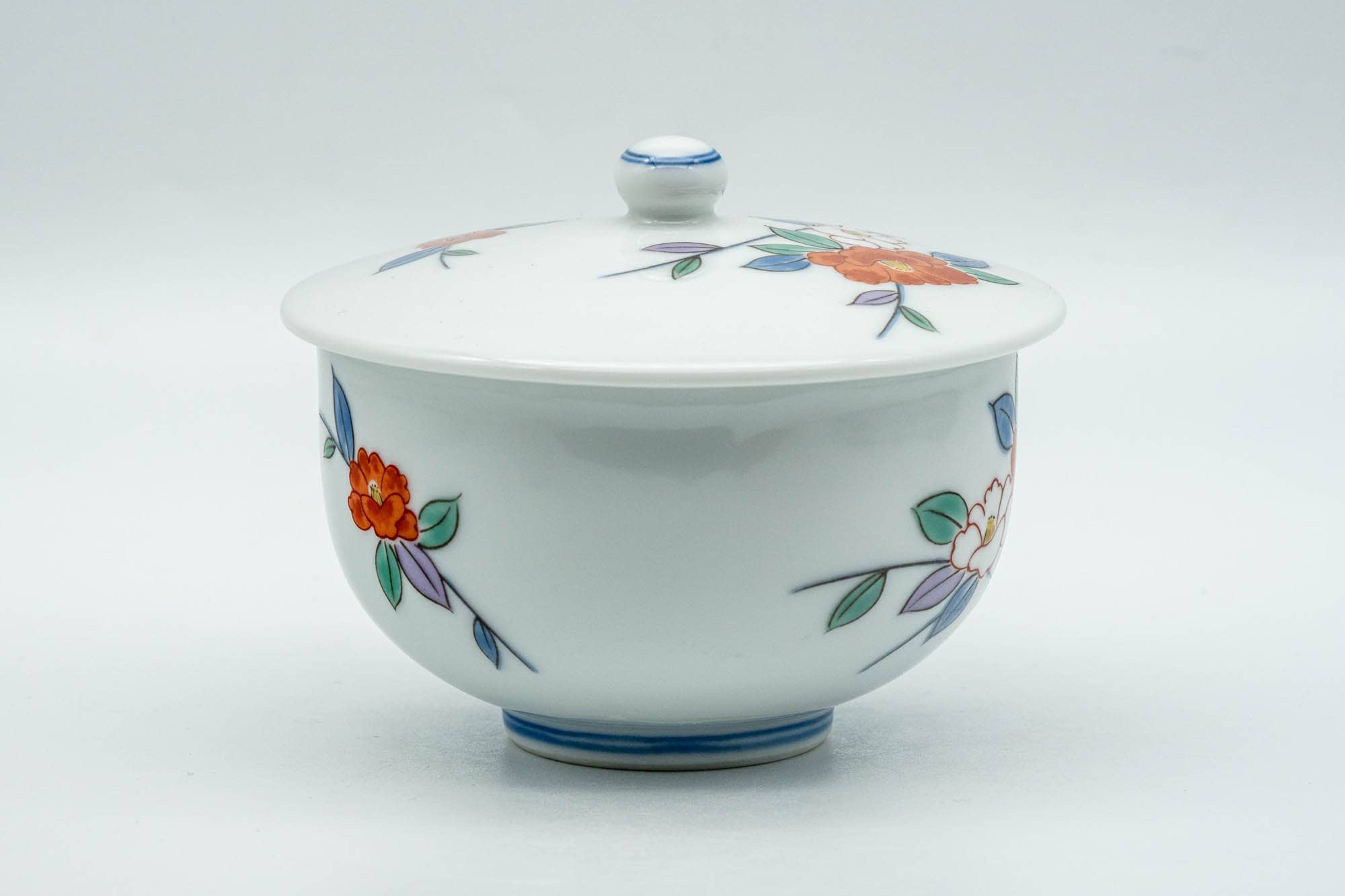 Japanese Teacup - Colourful Floral White Porcelain Arita-yaki Lidded Yunomi - 130ml