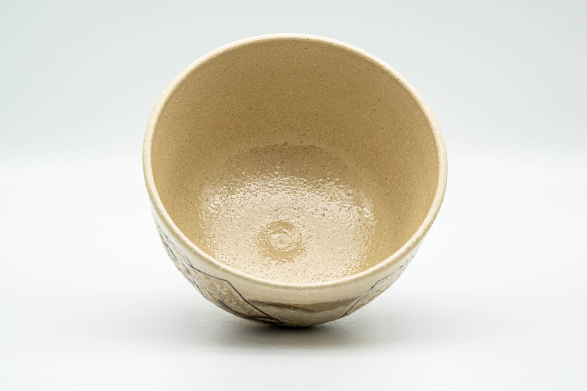 Japanese Matcha Bowl - Beige Geometric Gold Script Kyo-yaki Chawan - 350ml