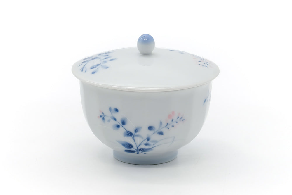 Japanese Teacup - Blue Floral Arita Porcelain Lidded Yunomi - 170ml