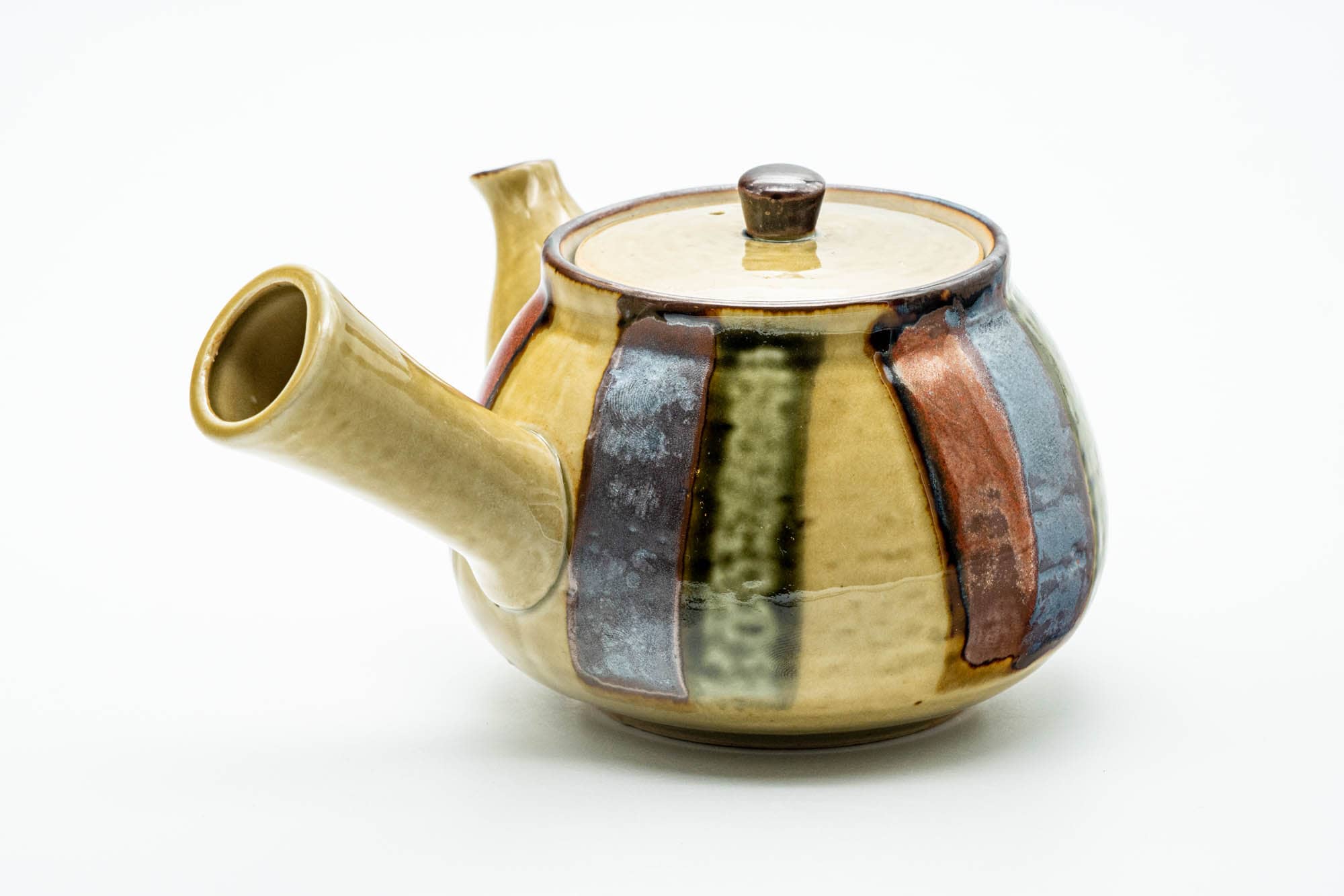 Japanese Kyusu - Beige Colourfully Striped Ceramic Filter Teapot - 400ml