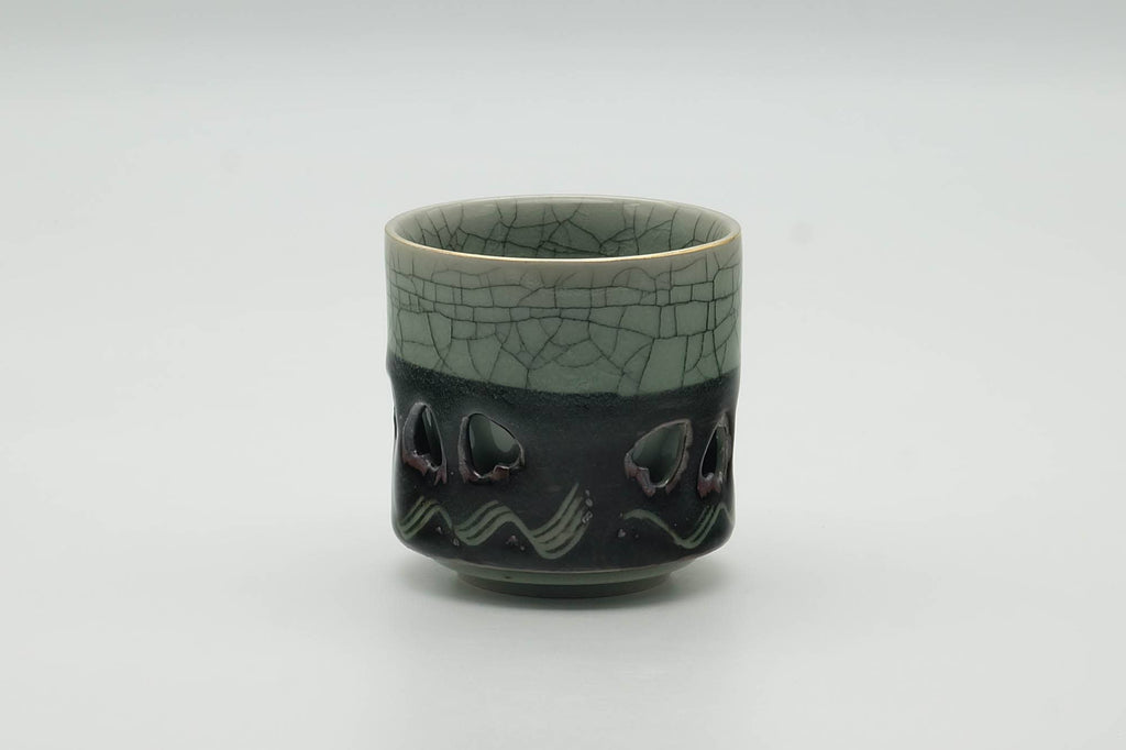 Japanese Teacup - Crazed Green Celadon Glazed Sakura Obori Soma-yaki Yunomi - 100ml