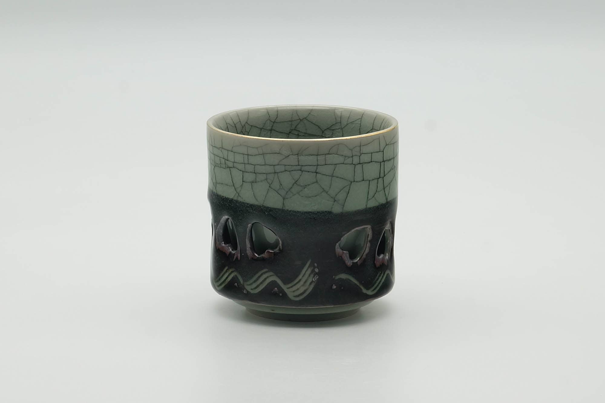 Japanese Teacup - Crazed Green Celadon Glazed Sakura Obori Soma-yaki Yunomi - 100ml