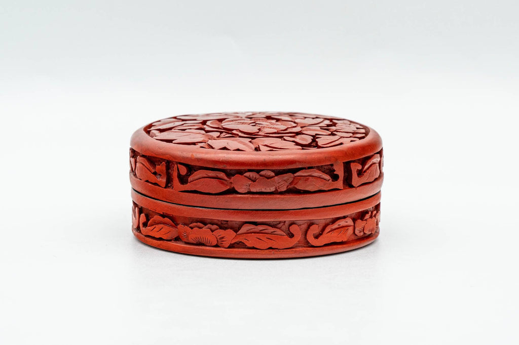 Japanese Kogo - Carved Camellia Red Black Lacquer Incense Container
