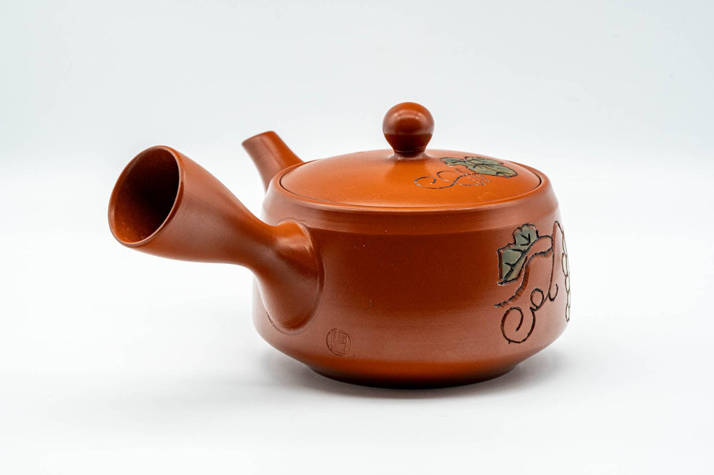Japanese Kyusu - Grapevine Engraved Tokoname-yaki Obi-ami 360 Mesh Teapot - 370ml
