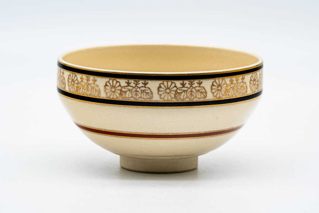 Japanese Matcha Bowl - Beige Floral Striped Kyo-yaki Chawan - 200ml