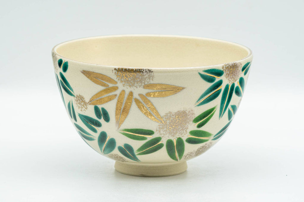 Japanese Matcha Bowl - Gold Green Floral Kyo-yaki Chawan - 300ml