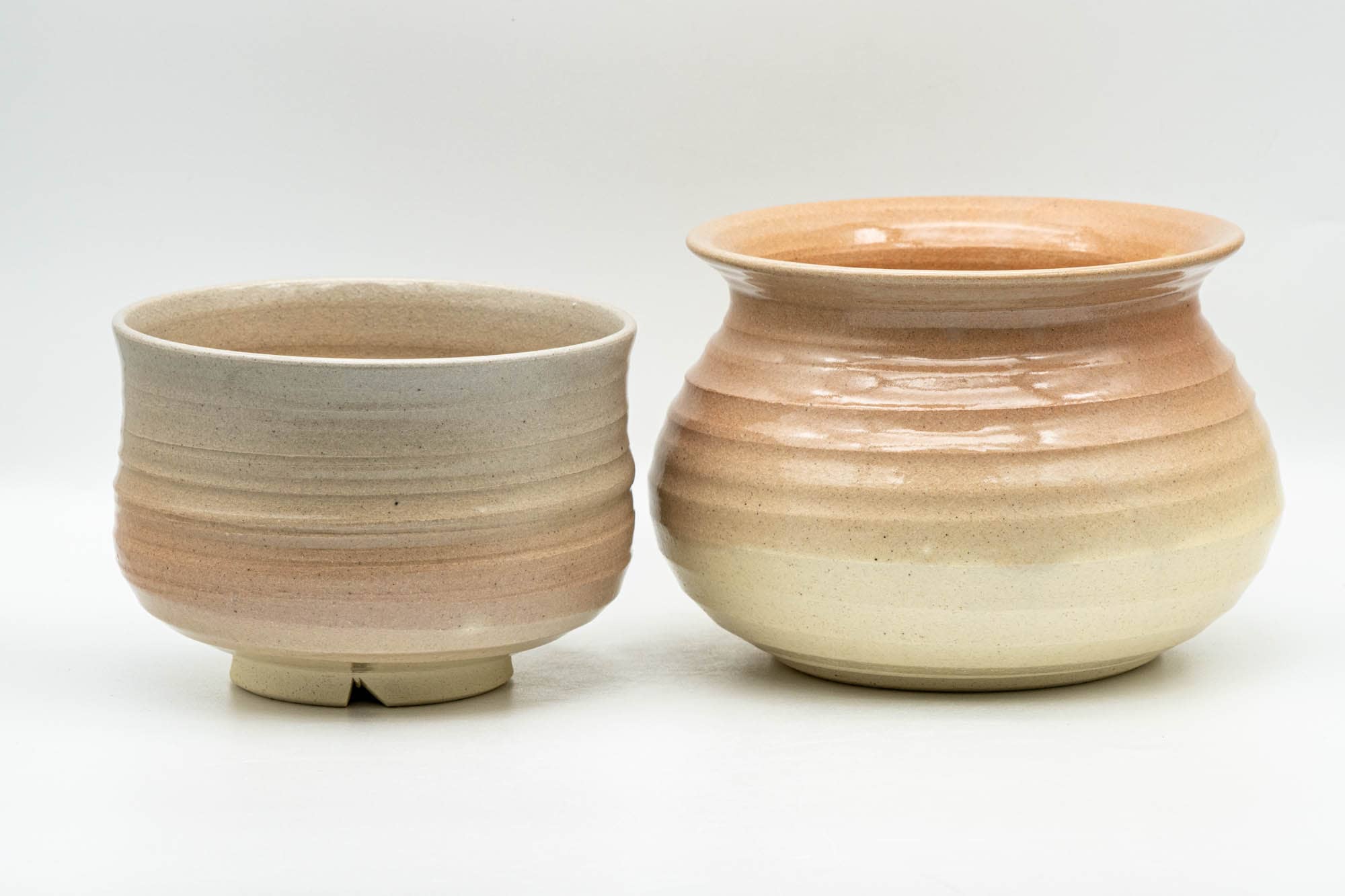 Japanese Tea Ceremony Set - Beige Pink Glazed Groovy Kyo-yaki Chawan and Kensui