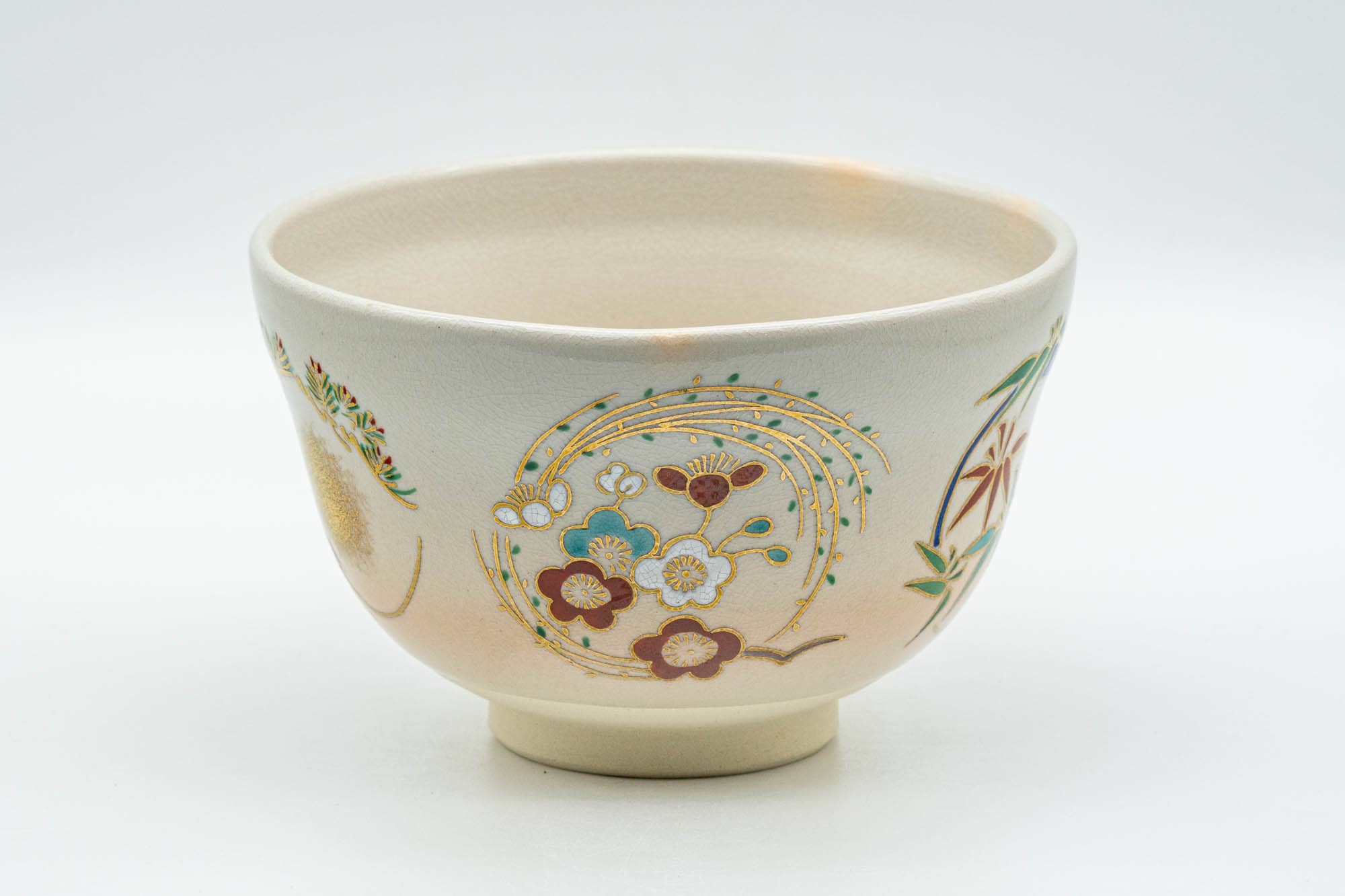 Japanese Matcha Bowl - Beige Gold Bamboo Floral Kyo-yaki Chawan - 350ml