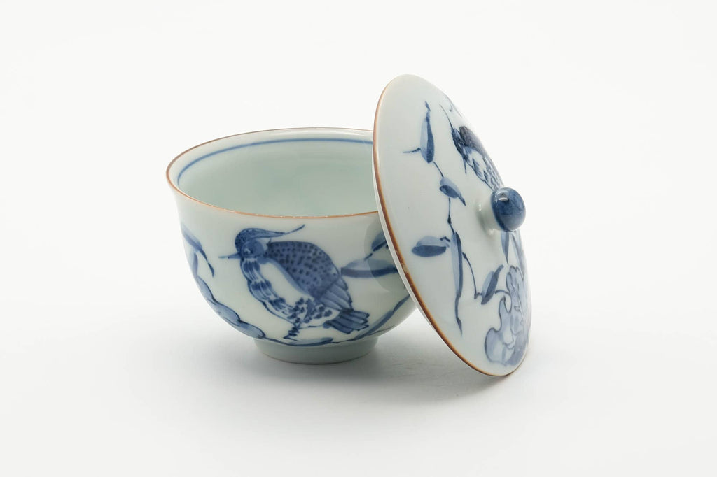 Japanese Teacup - Blue Bird Floral Arita-yaki Lidded Yunomi - 150ml