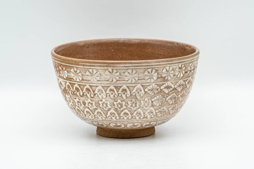 Japanese Matcha Bowl - Floral Geometric White Glazed Chawan - 300ml