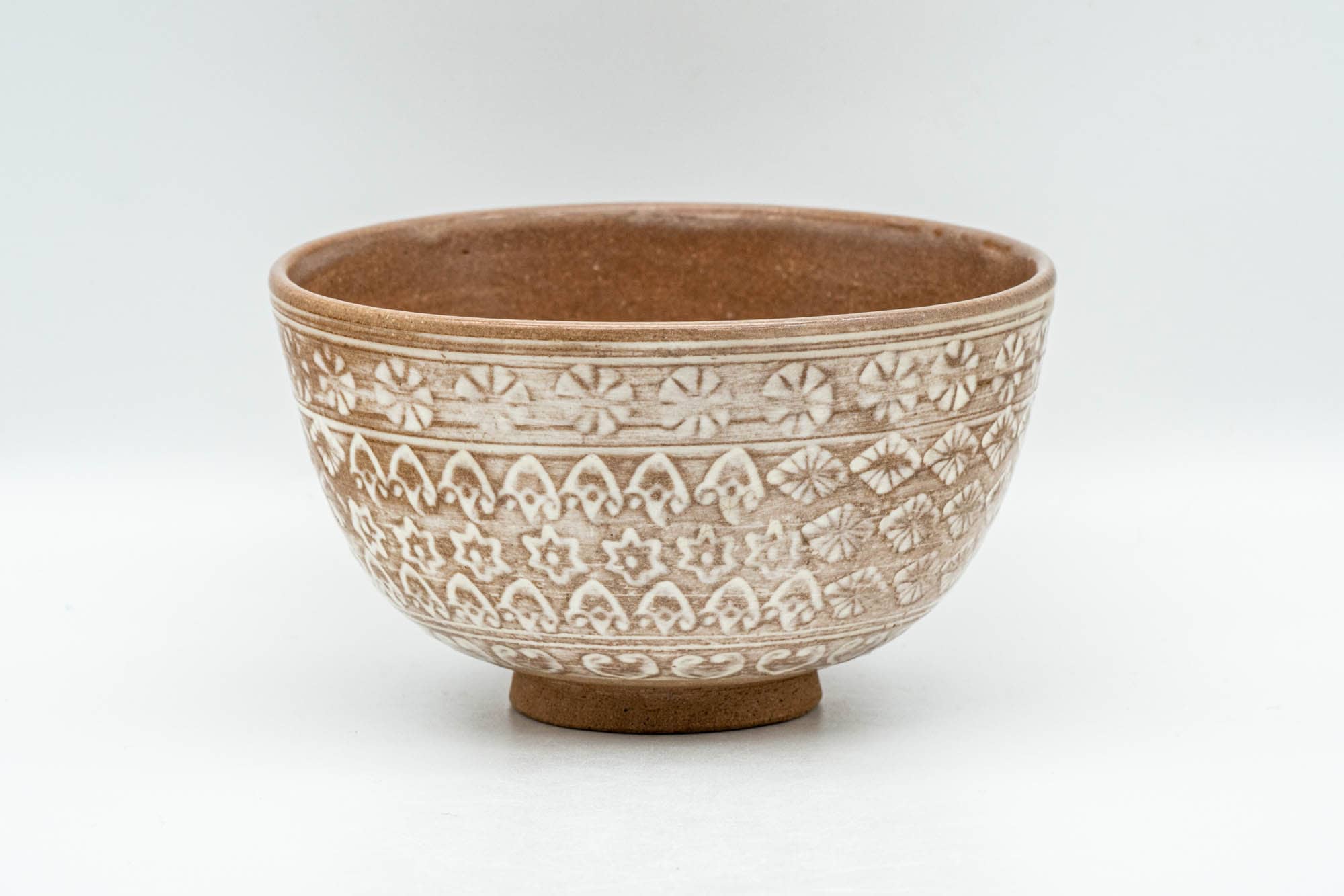 Japanese Matcha Bowl - Floral Geometric White Glazed Chawan - 300ml