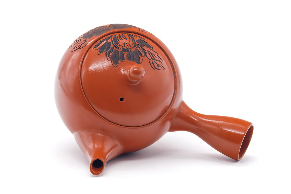 Japanese Kyusu - Engraved Floral Red Shudei Tokoname Mesh Teapot - 320ml