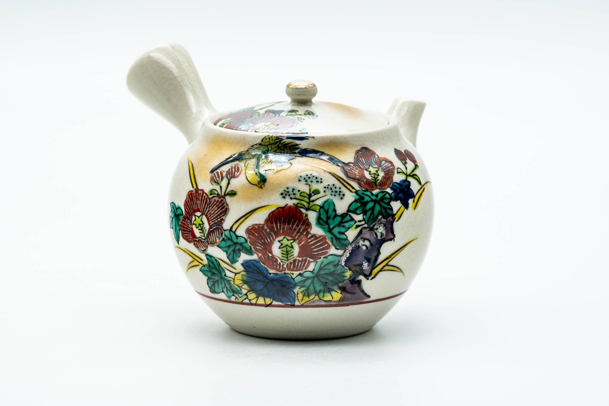 Japanese Tea Set - Beige Red Floral Kutani-yaki Kyusu Teapot with Katakuchi Water Cooler and 5 Yunomi Teacups