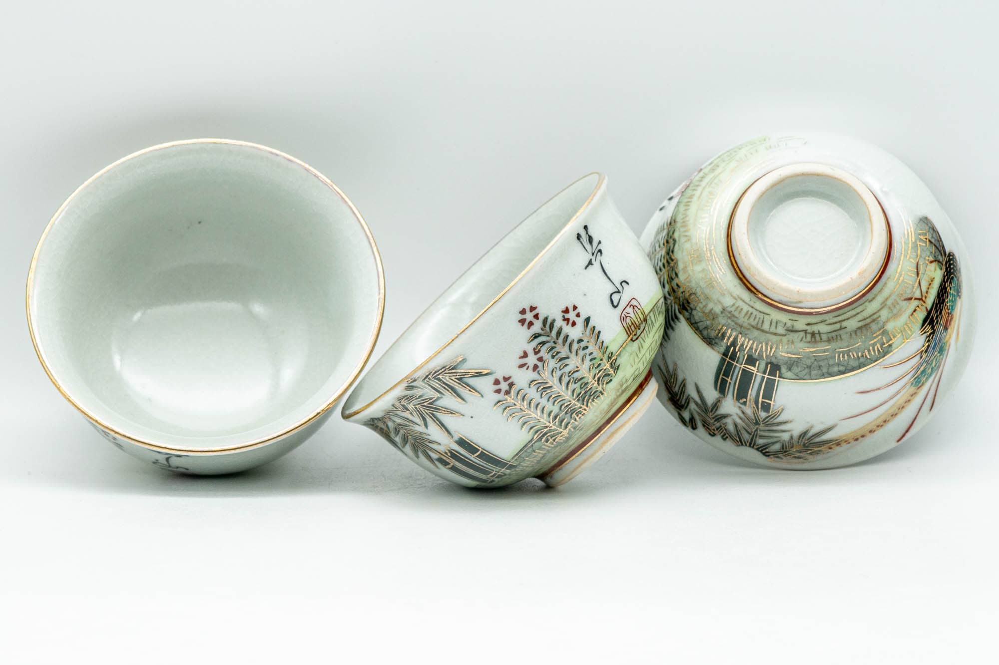 Japanese Tea Set - Bamboo Peacock Kutani-yaki Debeso Kyusu Teapot with 3 Yunomi Teacups - 430ml