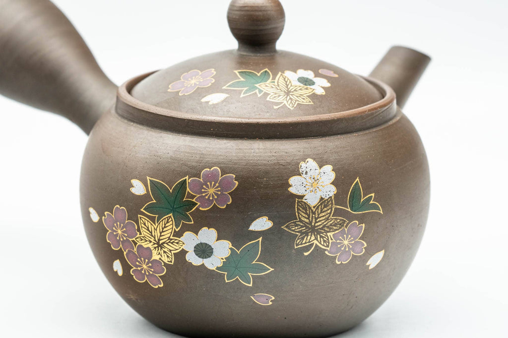 Japanese Kyusu - Floral Brown Glazed Mesh Teapot - 250ml