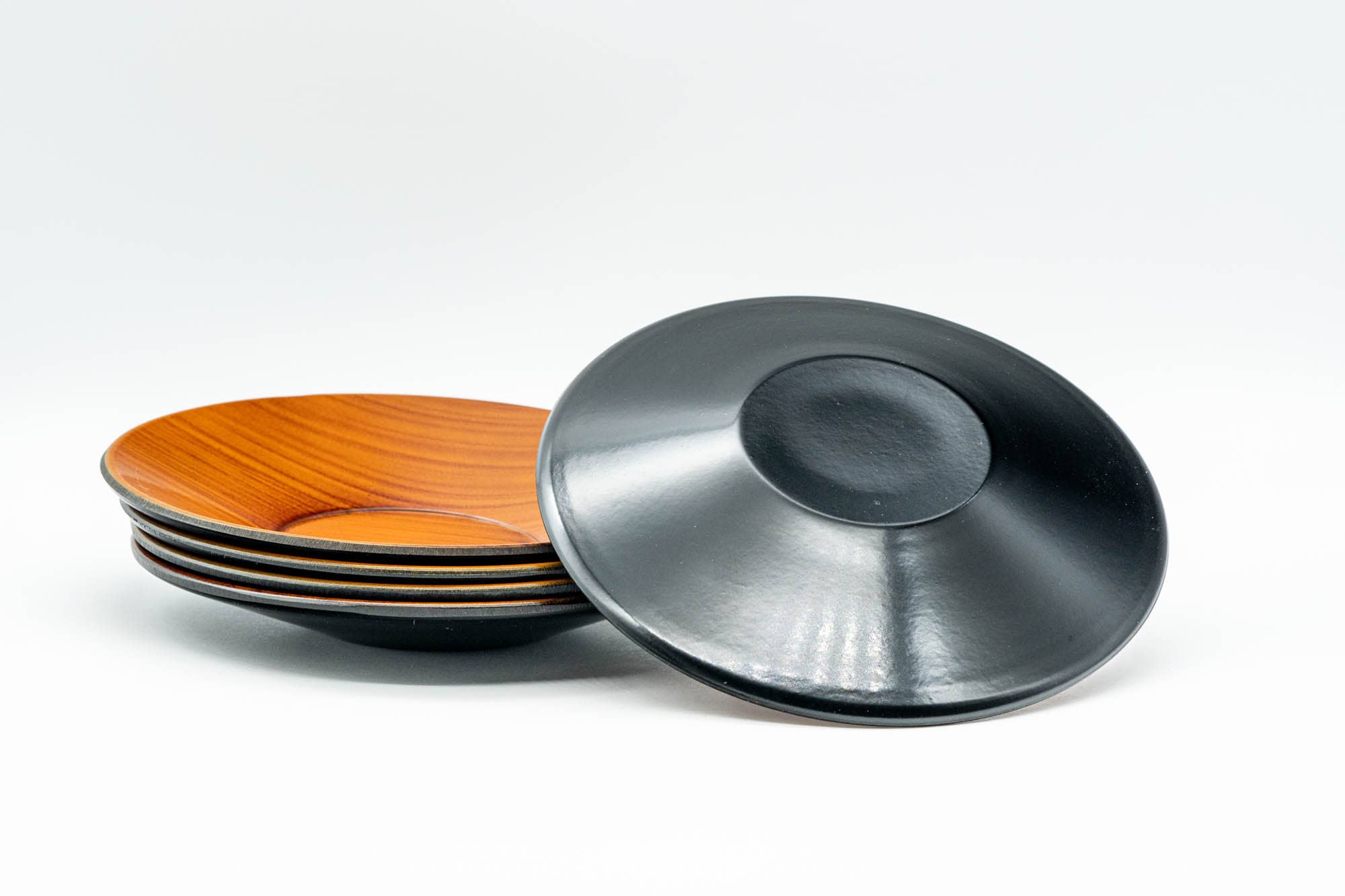 Japanese Chataku - Set of 5 Orange Wood Patterned Black Lacquer Tea Saucers