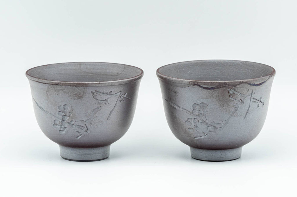 Japanese Tea Set - Engraved Banko-yaki Debeso Kyusu Teapot with Katakuchi Water Cooler and 2 White Inner-Glazed Yunomi Teacups