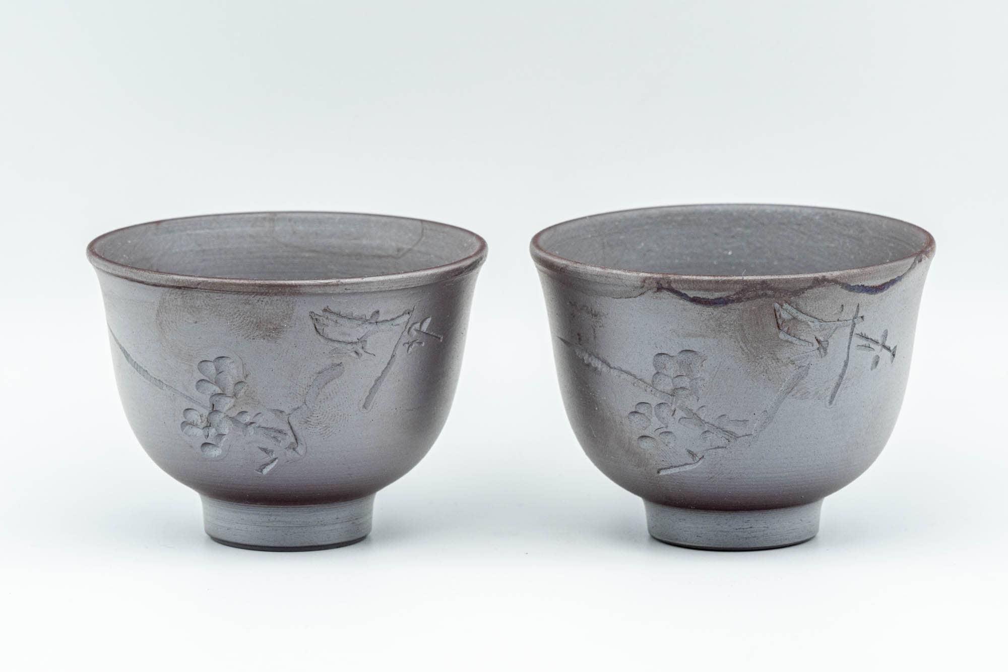 Japanese Tea Set - Engraved Banko-yaki Debeso Kyusu Teapot with Katakuchi Water Cooler and 2 White Inner-Glazed Yunomi Teacups