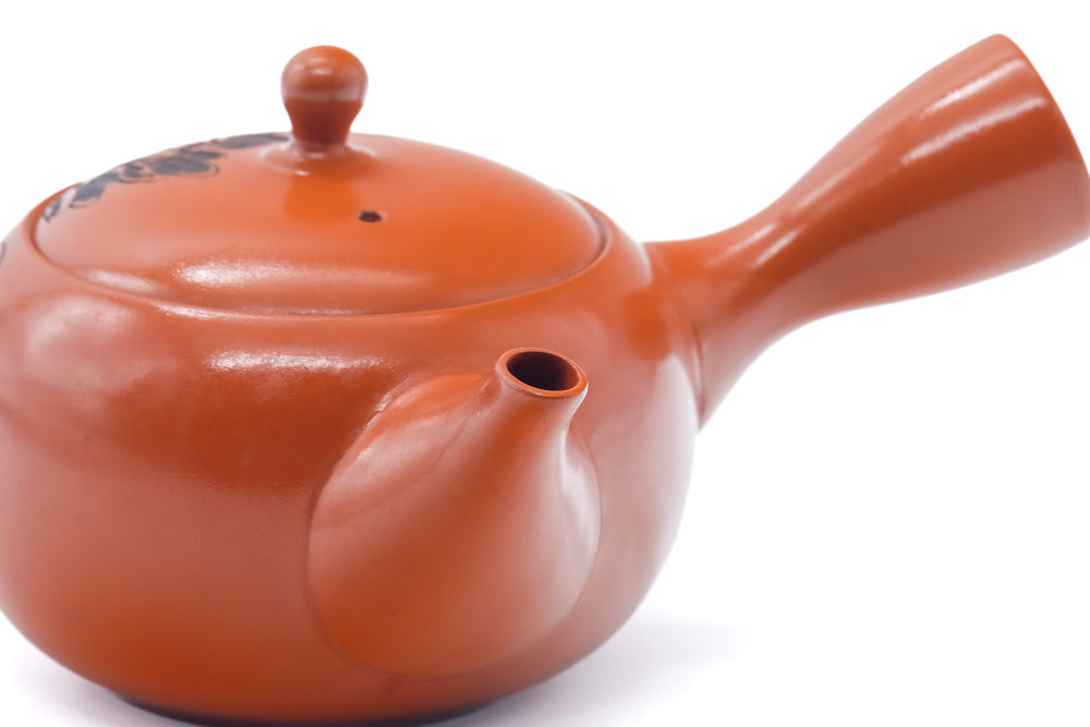 Japanese Kyusu - Engraved Floral Red Shudei Tokoname Mesh Teapot - 320ml