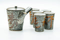 Japanese Tea Set - Black Kanji Porcelain Kyusu Teapot with 5 Tall Yunomi Teacups