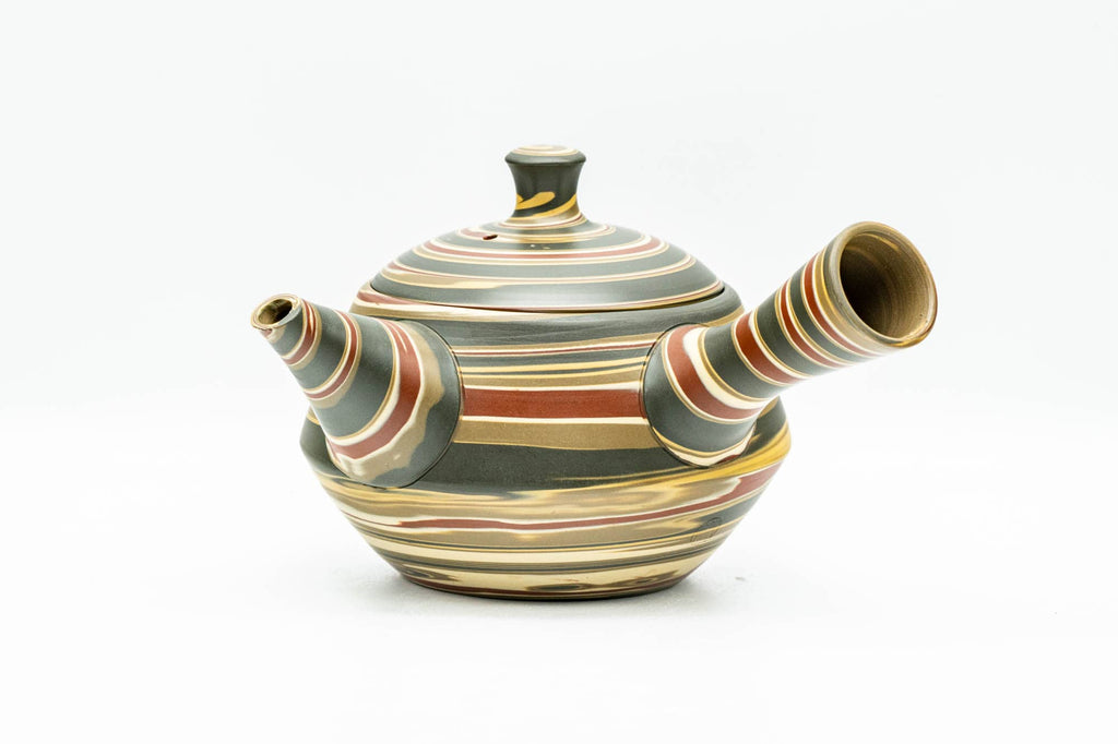 Japanese Kyusu - Green, Red, and Yellow Swirling Nerikomi Tokoname-yaki Do-ake Teapot - 240ml