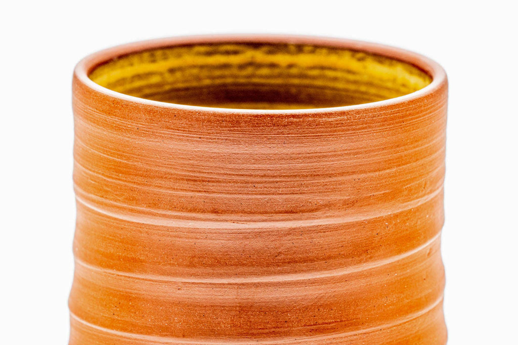Japanese Teacups - Pair of Spiraling Orange Yellow Hakeme Meoto Yunomi