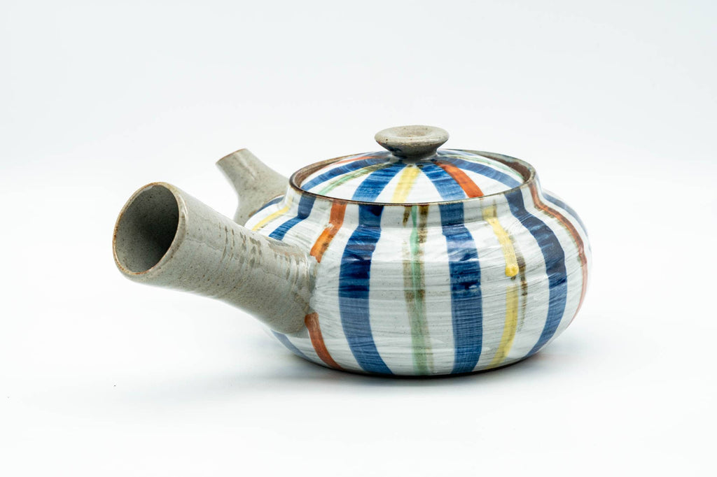 Japanese Kyusu - Colourfully Striped Grey Ceramic Debeso Filtered Teapot - 350ml