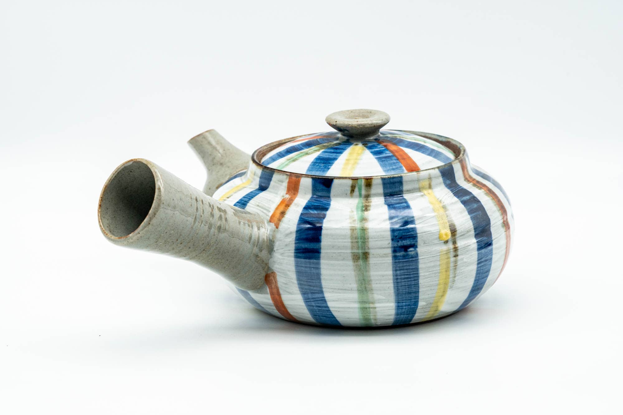 Japanese Kyusu - Colourfully Striped Grey Ceramic Debeso Filtered Teapot - 350ml