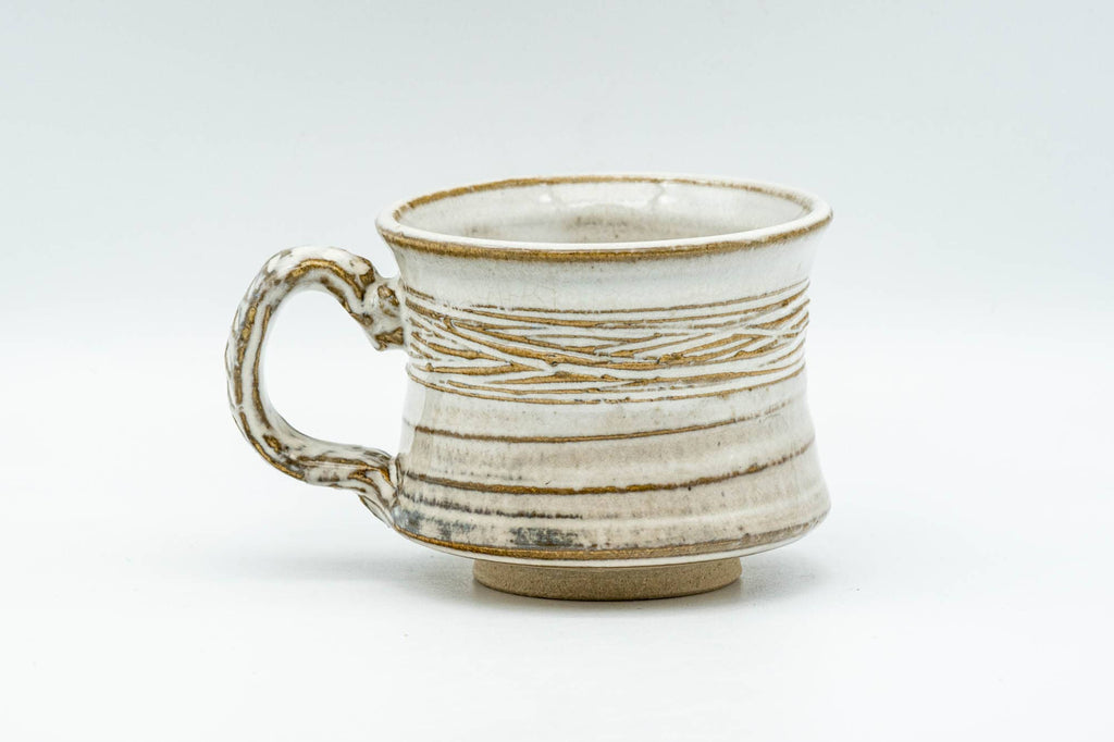 Japanese Teacup - Carved Exterior White Glazed Rear-Handled Ushirode Yunomi - 110ml