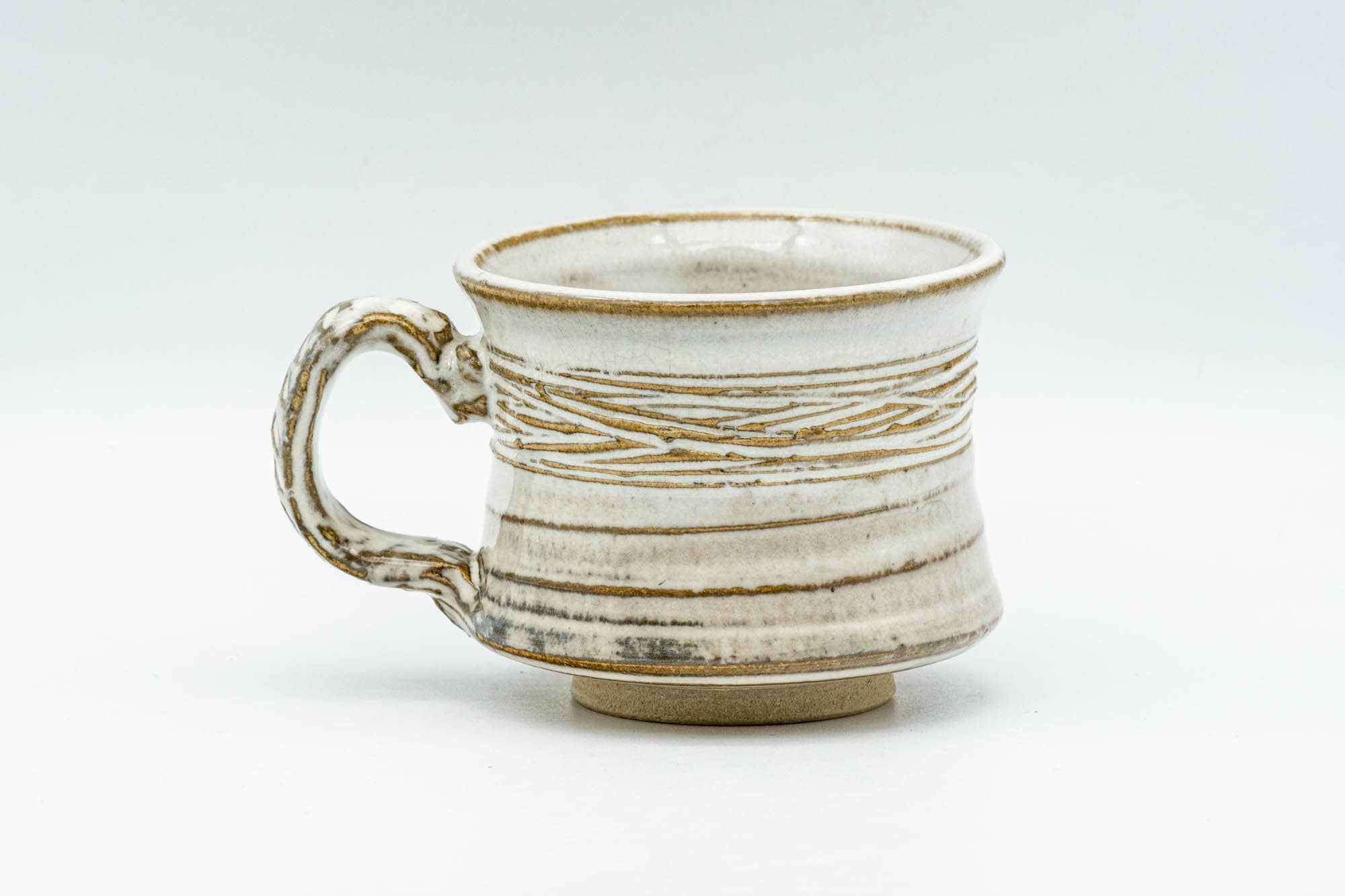 Japanese Teacup - Carved Exterior White Glazed Rear-Handled Ushirode Yunomi - 110ml