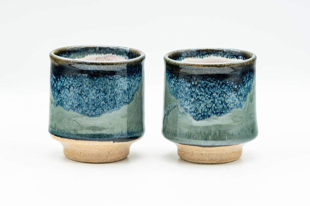 Japanese Teacups - Pair of Hare's Fur Blue and Green Yunomi - 140ml