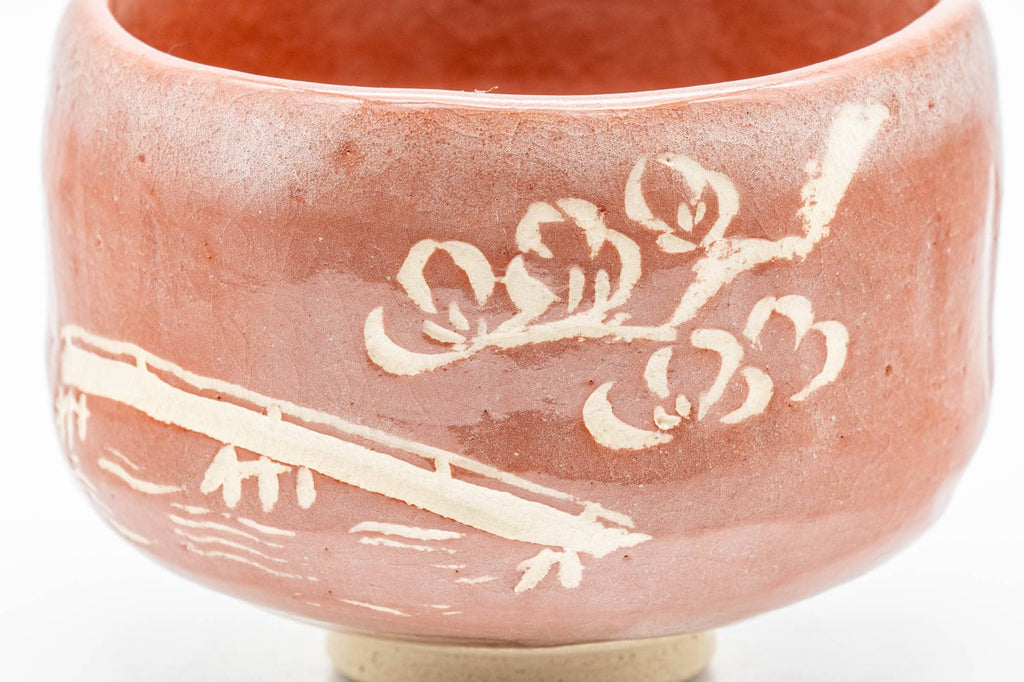 Japanese Matcha Bowl - Floral Aka-raku Red Raku Chawan - 400ml