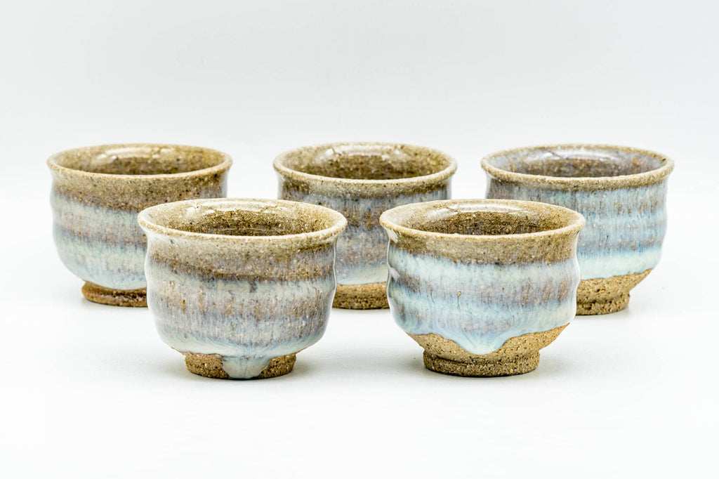Japanese Teacups - Set of 5 Blue Milky White Drip-Glazed Guinomi - 35ml