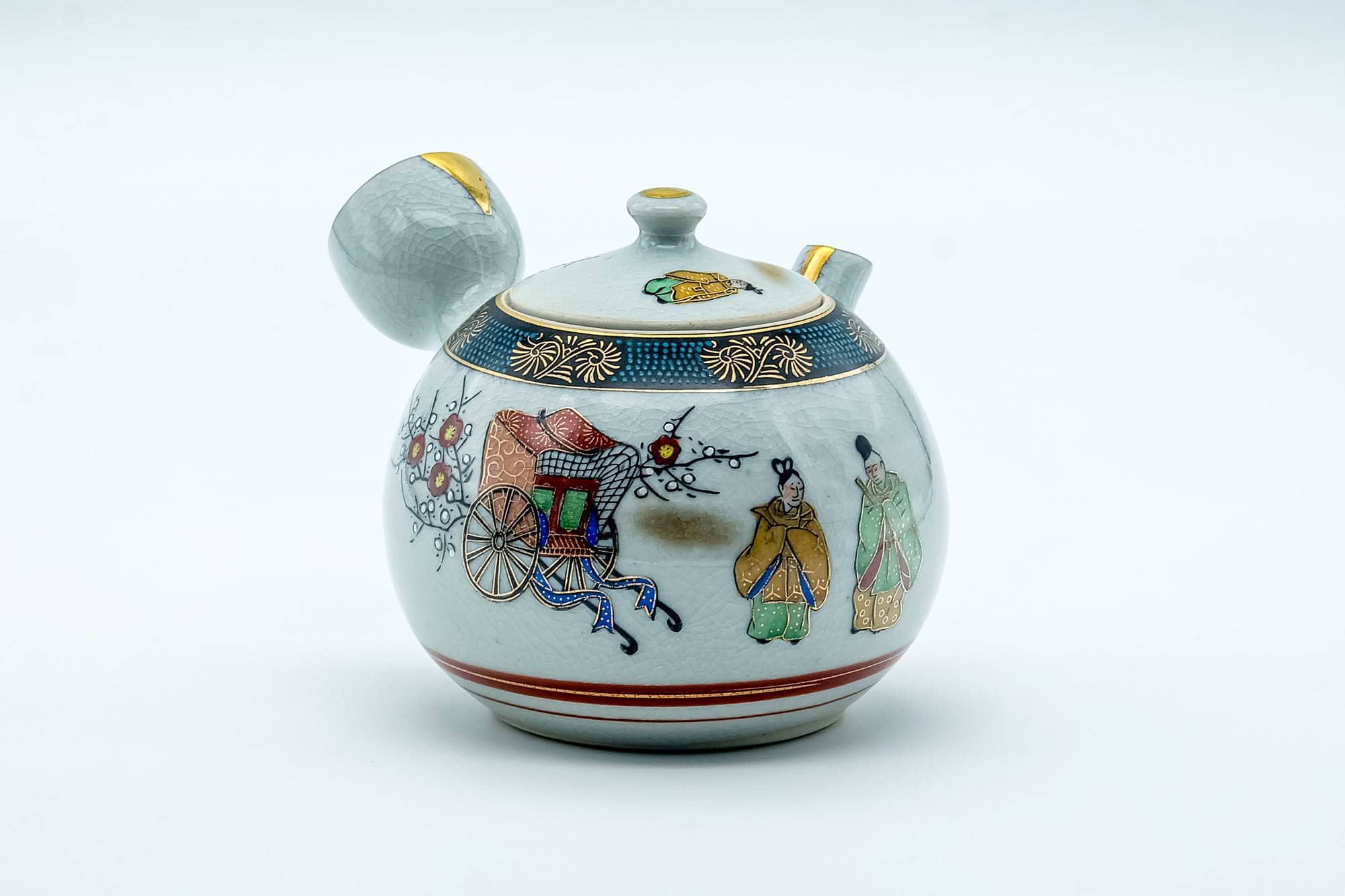 Japanese Tea Set - Villager Decorated Kutani-yaki Kyusu Teapot with 3 Lidded Yunomi Teacups