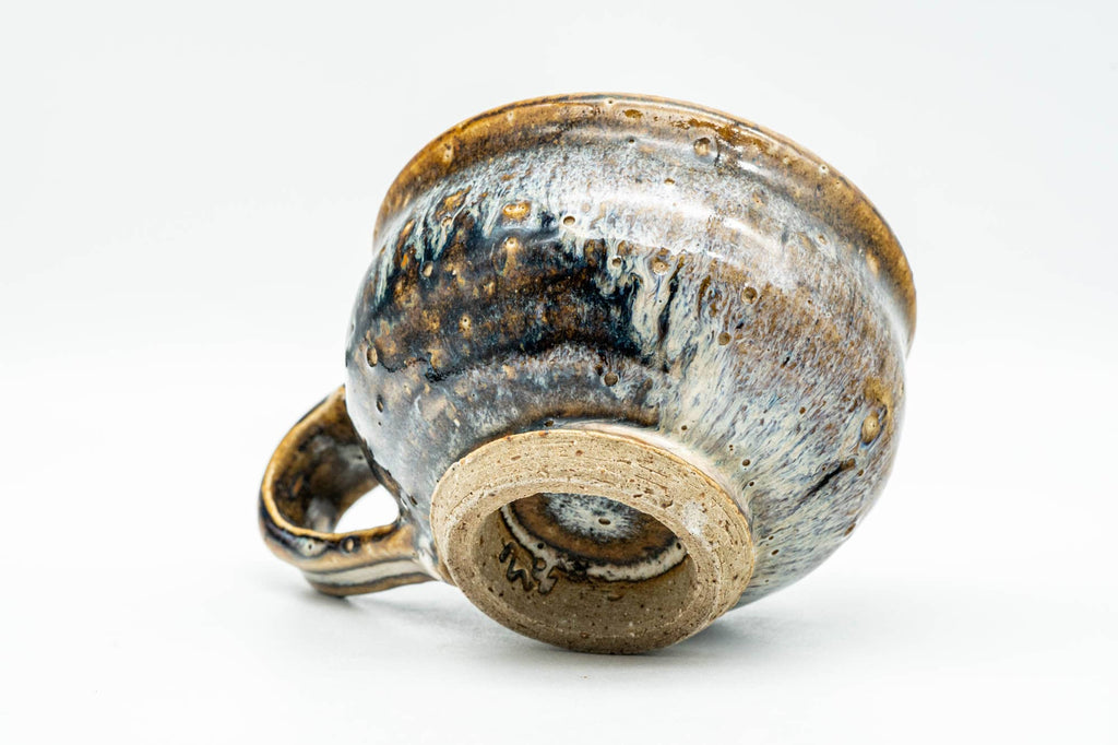 Japanese Teacup - Brown White Drip-Glazed Rear-Handled Ushirode Yunomi - 150ml
