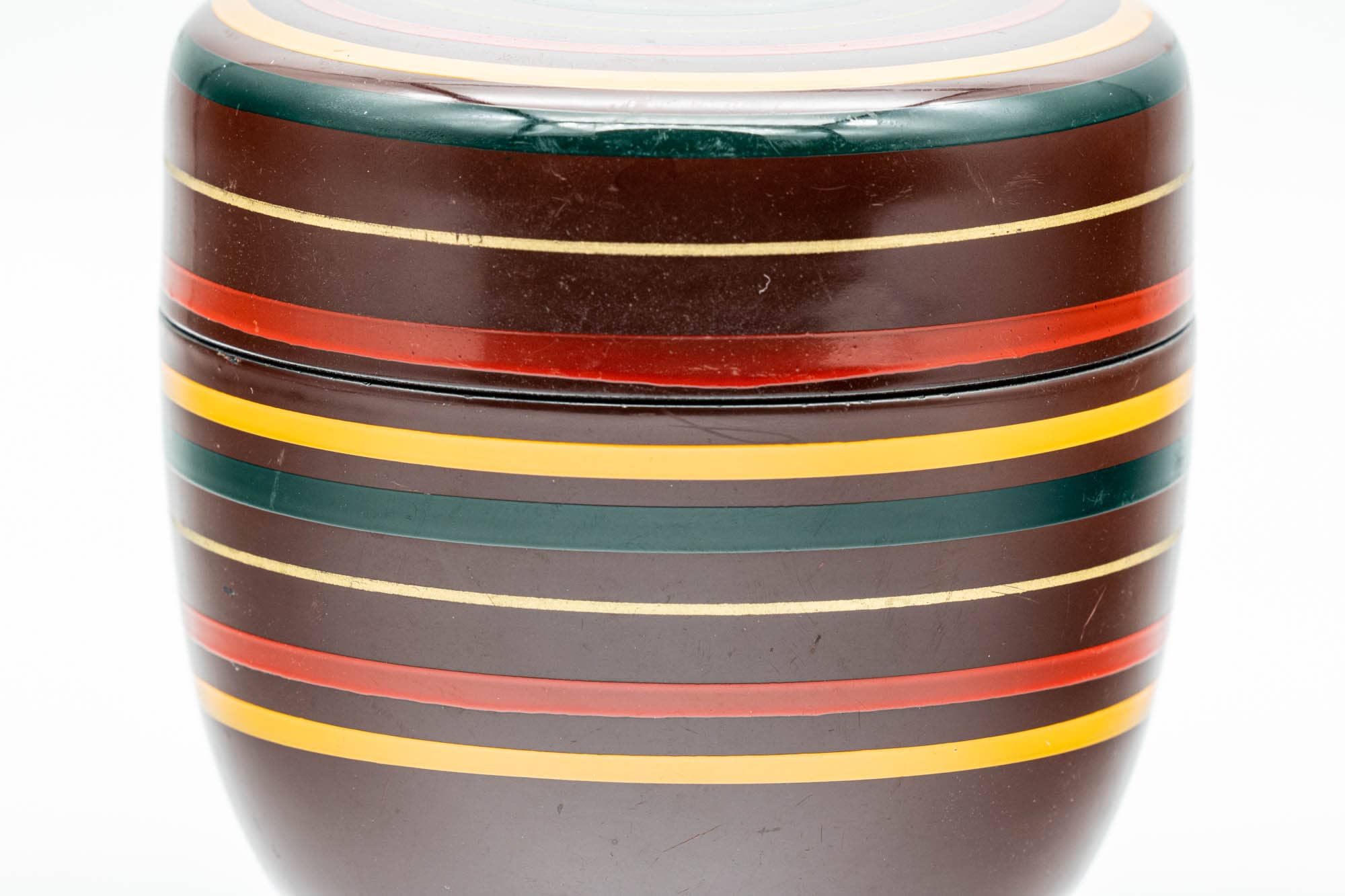 Japanese Natsume - Burgundy Green Yellow Striped Lacquer Matcha Tea Caddy - 100ml