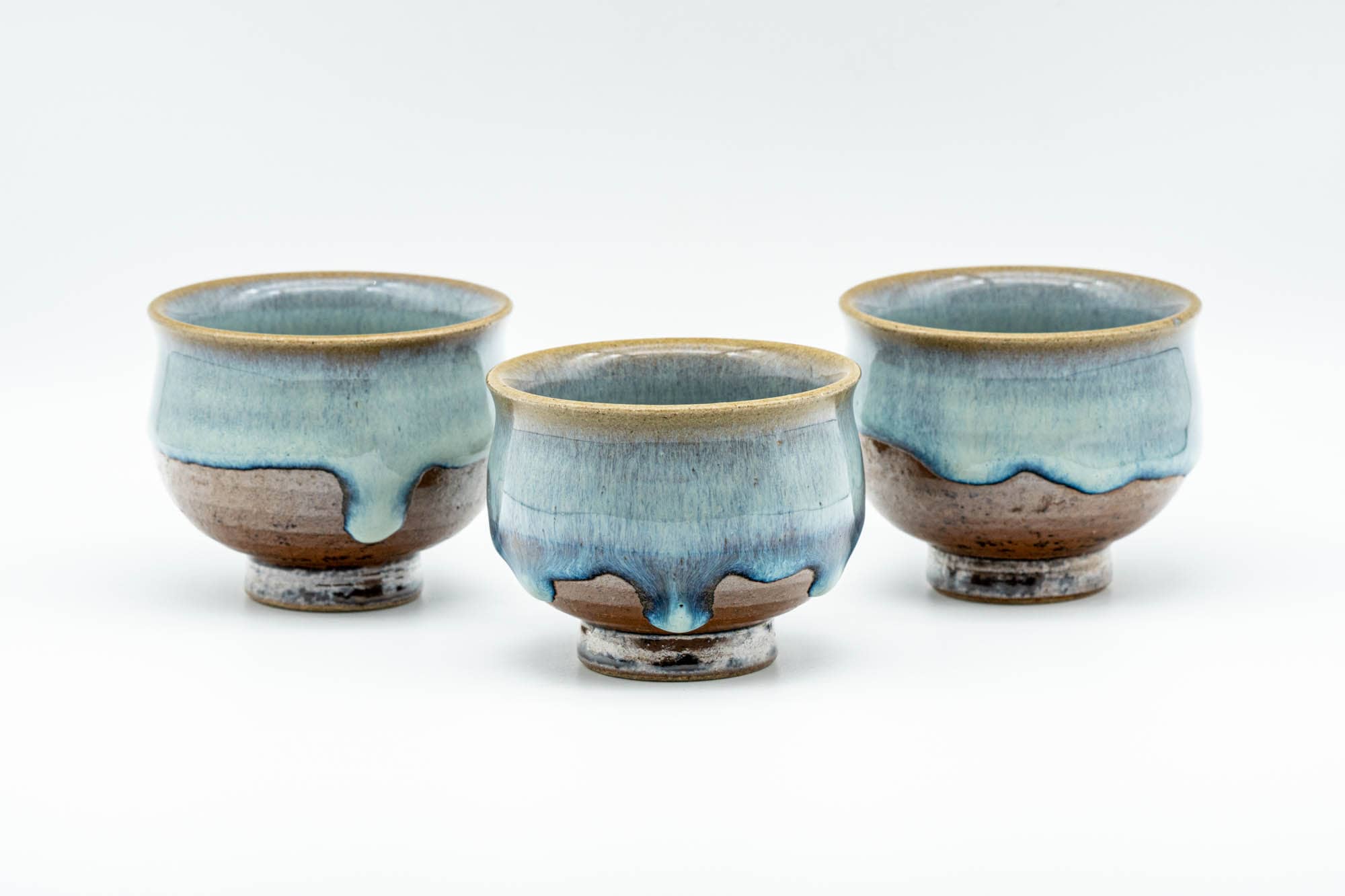 Japanese Teacups - Set of 3 Blue Turquoise Drip-Glazed Yunomi - 90ml