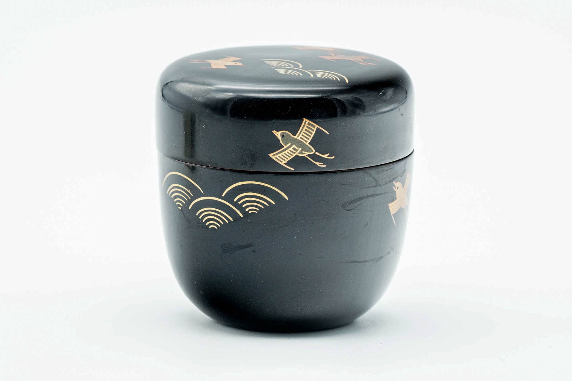 Japanese Natsume - Geometric Soaring Birds Black Lacquer Matcha Tea Caddy - 80ml