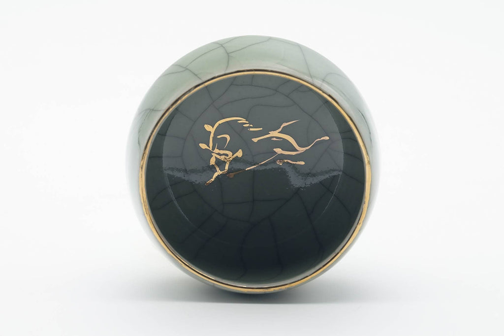 Japanese Teacup - Green Celadon Glazed Golden Horse Obori Soma-yaki Yunomi - 100ml