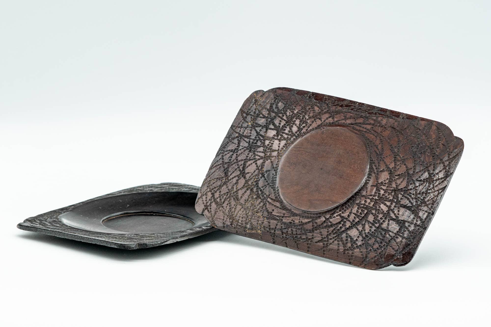 Japanese Chataku - Pair of Patterned Rectangular Wooden Tea Saucers