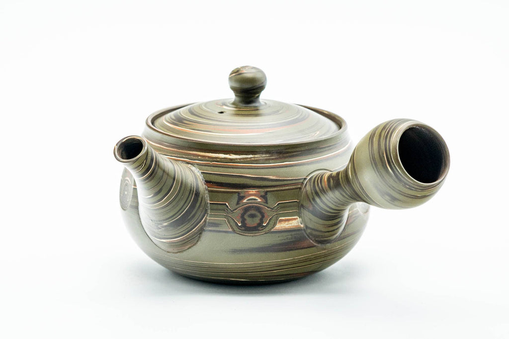 Japanese Kyusu - Carved Green Marbled Nerikomi Tokoname-yaki Mesh Teapot - 300ml
