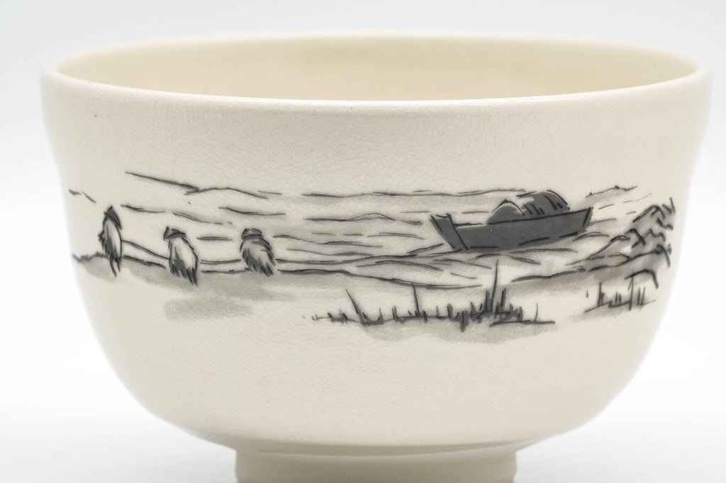 Japanese Matcha Bowl - Beige Glazed Landscape Decorated Kyo-yaki Chawan - 300ml