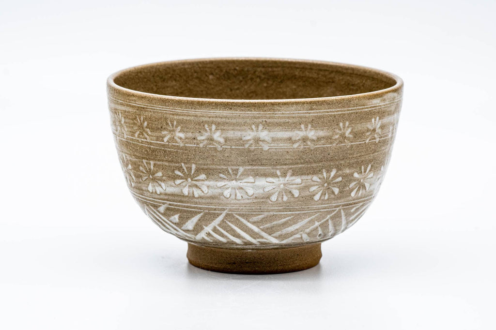 Japanese Matcha Bowl - Brown Chrysanthemum-stamped Mishima Wan-nari Chawan - 475ml