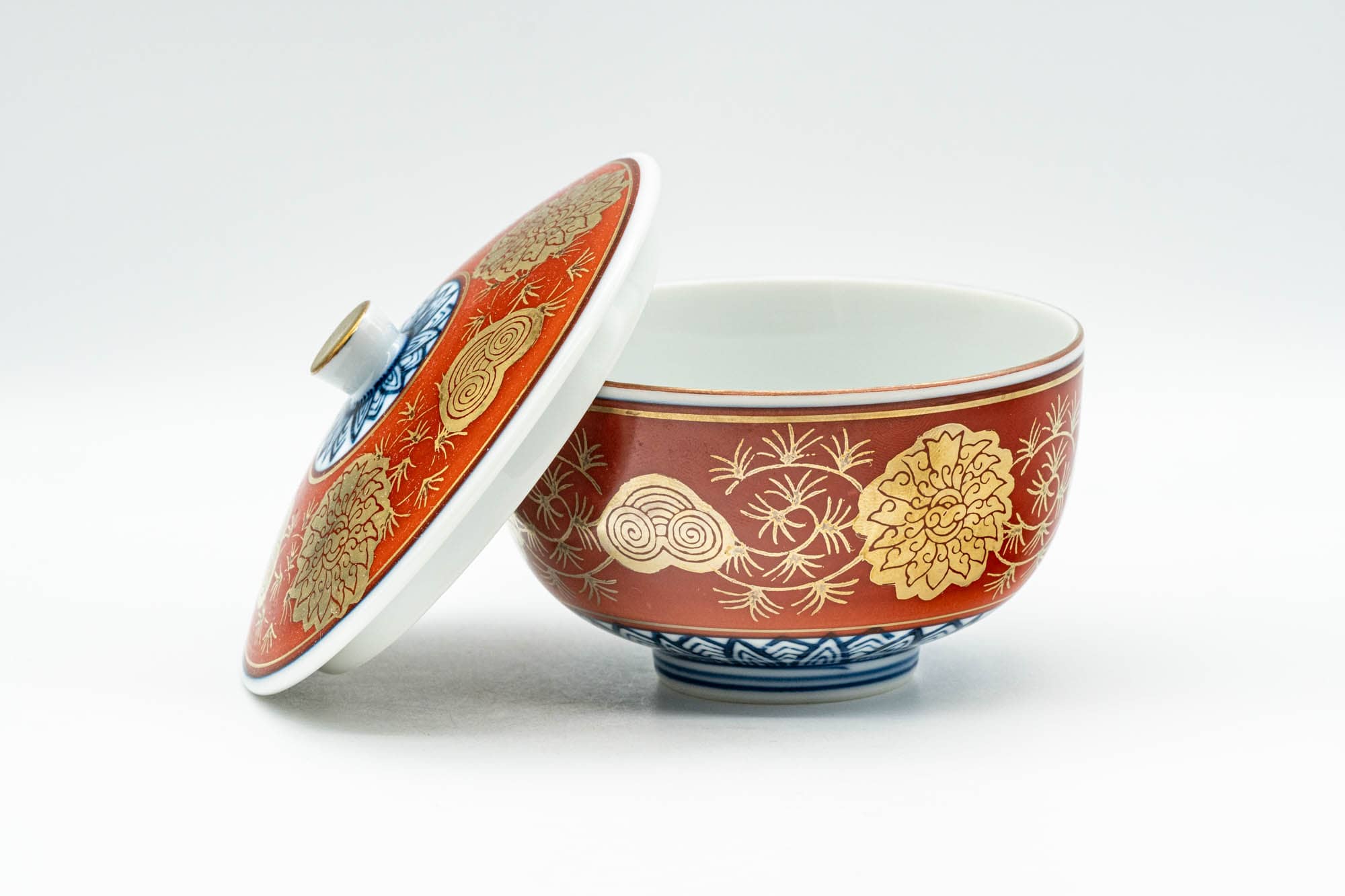 Japanese Teacup - Red, Blue, and Gold Floral Geometric Arita-yaki Lidded Yunomi - 160ml