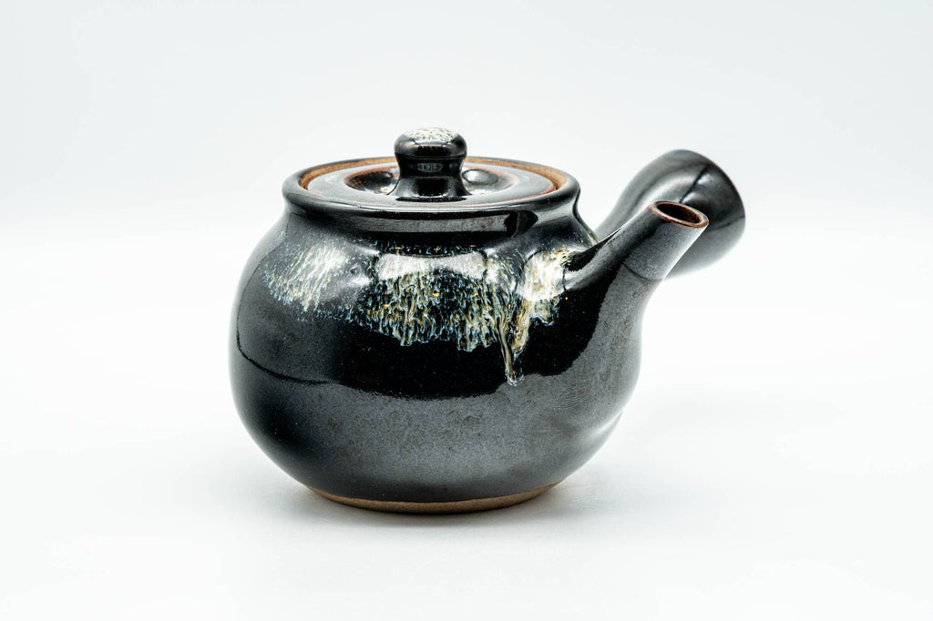 Japanese Kyusu - Jet Black Hare's Fur Drip-Glazed Do-ake Ceramic Filter Teapot - 340ml