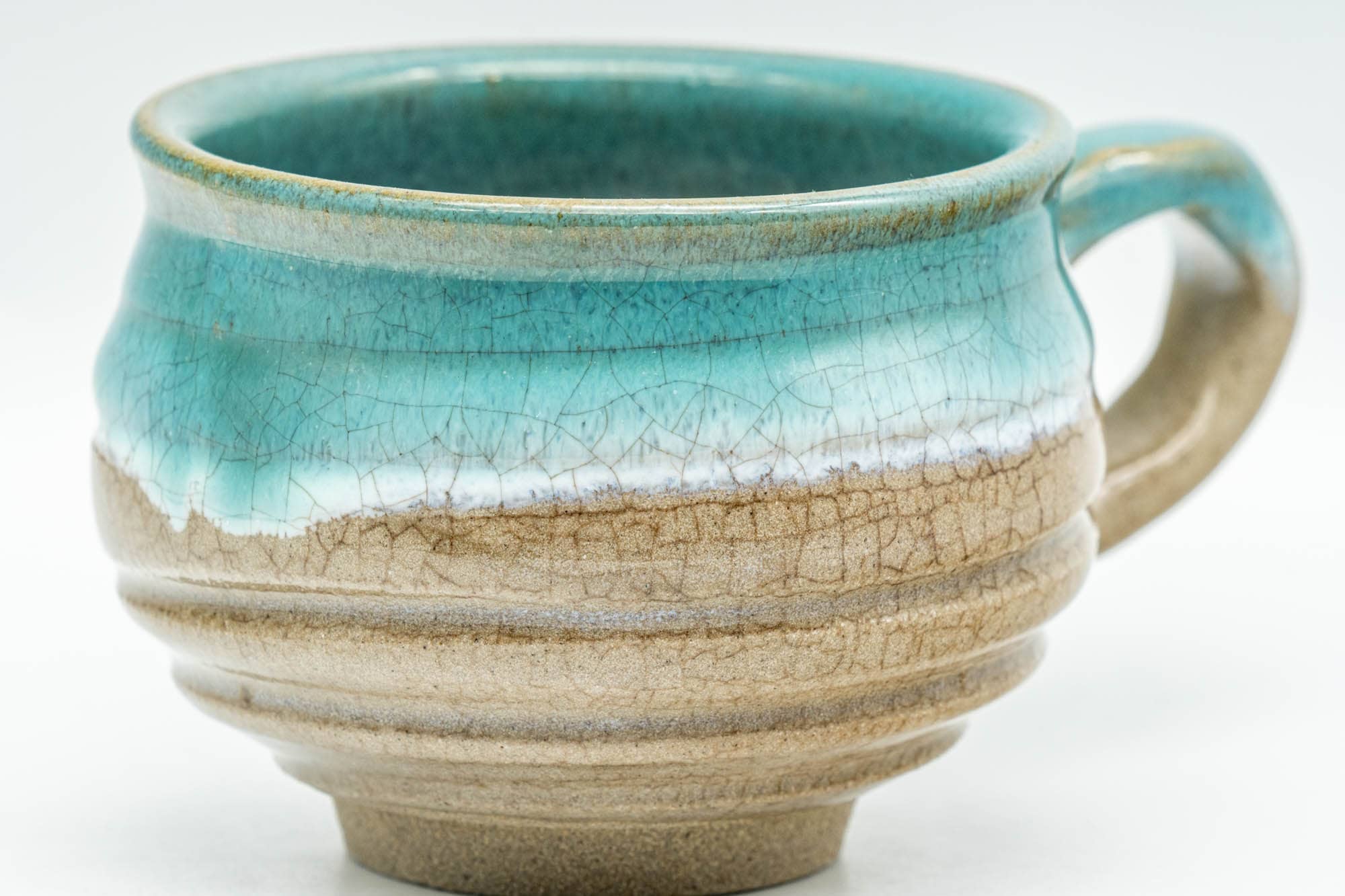 Japanese Teacup - Turquoise Agano-yaki Rear-Handled Ushirode Yunomi - 140ml