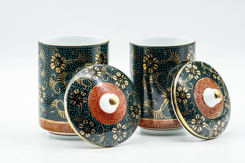Japanese Teacups - Pair of 九谷焼 Floral Aochibu Kutani-yaki Porcelain Lidded Meoto Yunomi