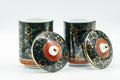 Japanese Teacups - Pair of 九谷焼 Floral Aochibu Kutani-yaki Porcelain Lidded Meoto Yunomi