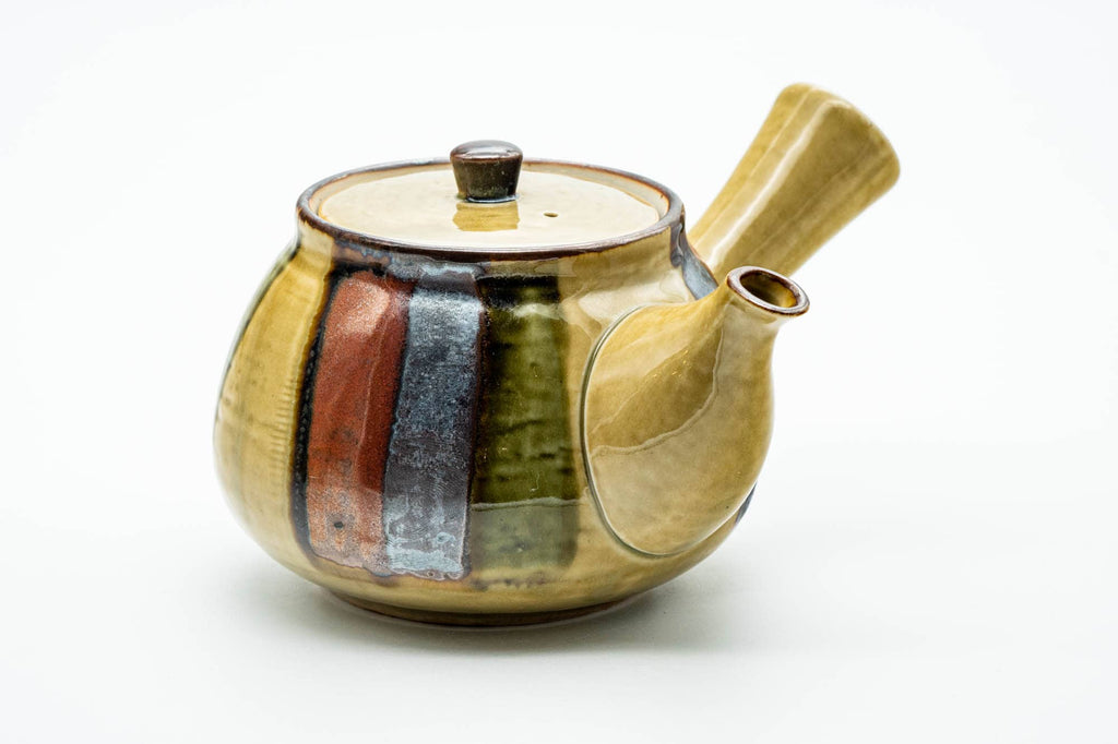 Japanese Kyusu - Beige Colourfully Striped Ceramic Filter Teapot - 400ml